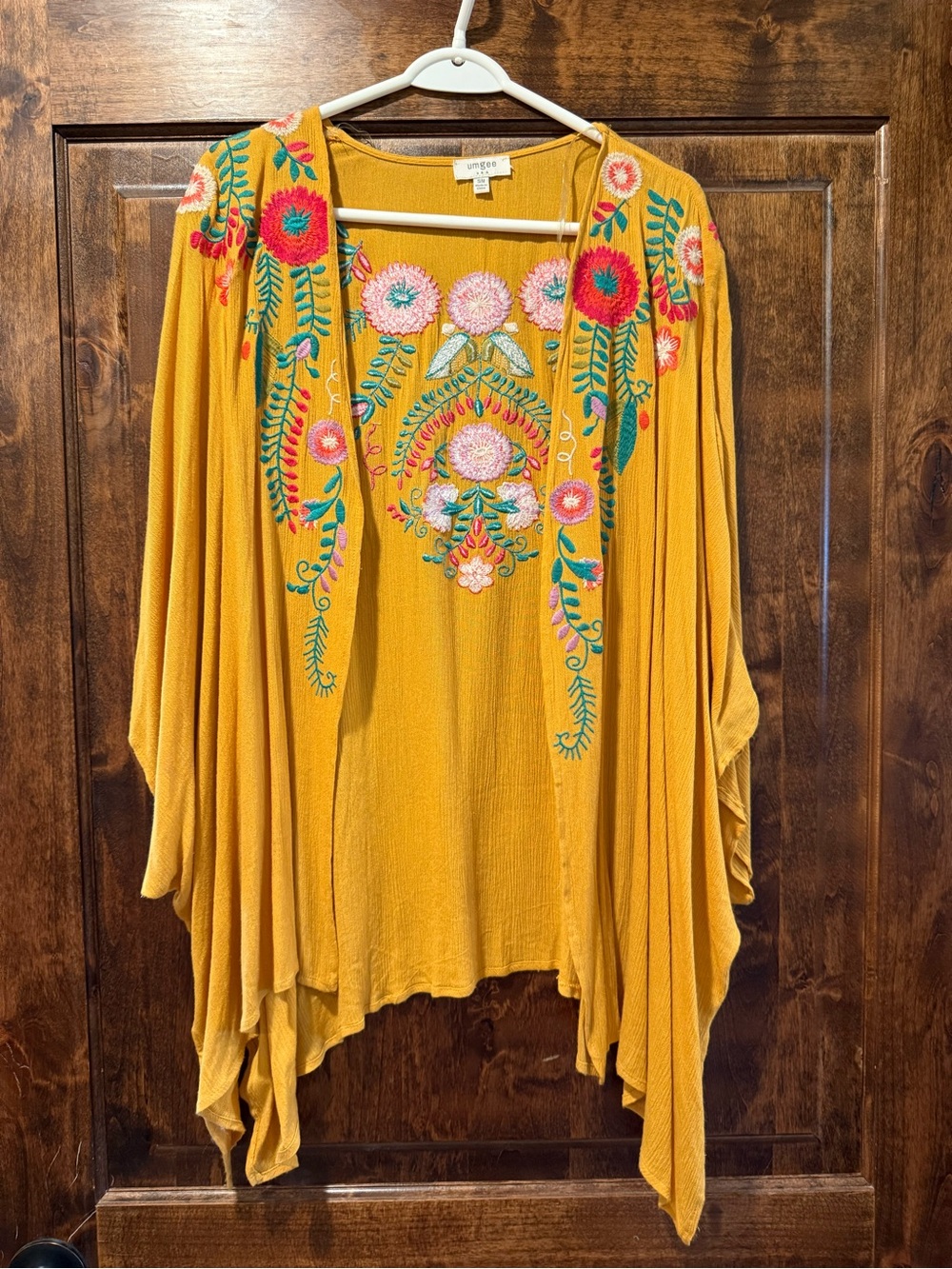 Umgee Mustard Embroidered Floral Draped Open Cardigan
